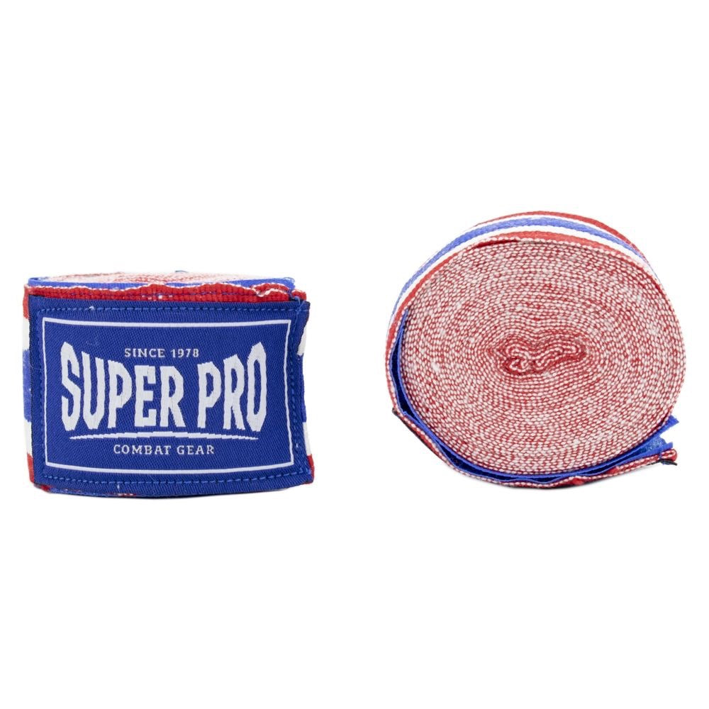 SUPER PRO COMBAT GEAR BANDAGES ROOD/WIT/BLAUW/WIT/ROOD GESTREEPT