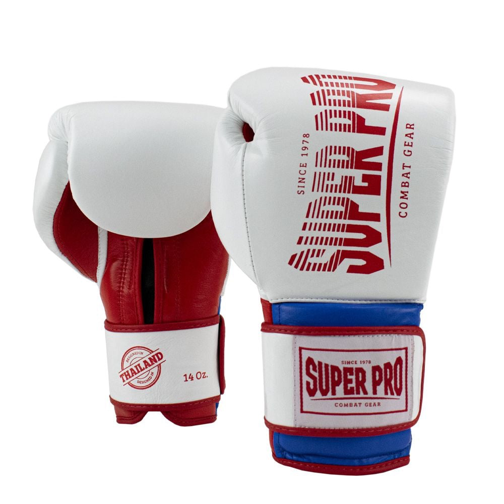 SUPER PRO COMBAT GEAR LEATHER THAI GLOVES STRIPES, ROOD - BLAUW - WIT
