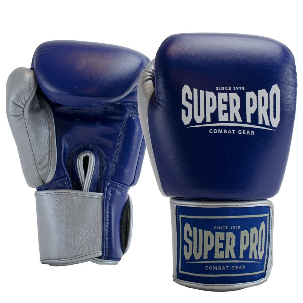 SUPER PRO COMBAT GEAR LEDEREN (THAI)BOKSHANDSCHOENEN ENFORCER , BLAUW - WIT - ZILVER