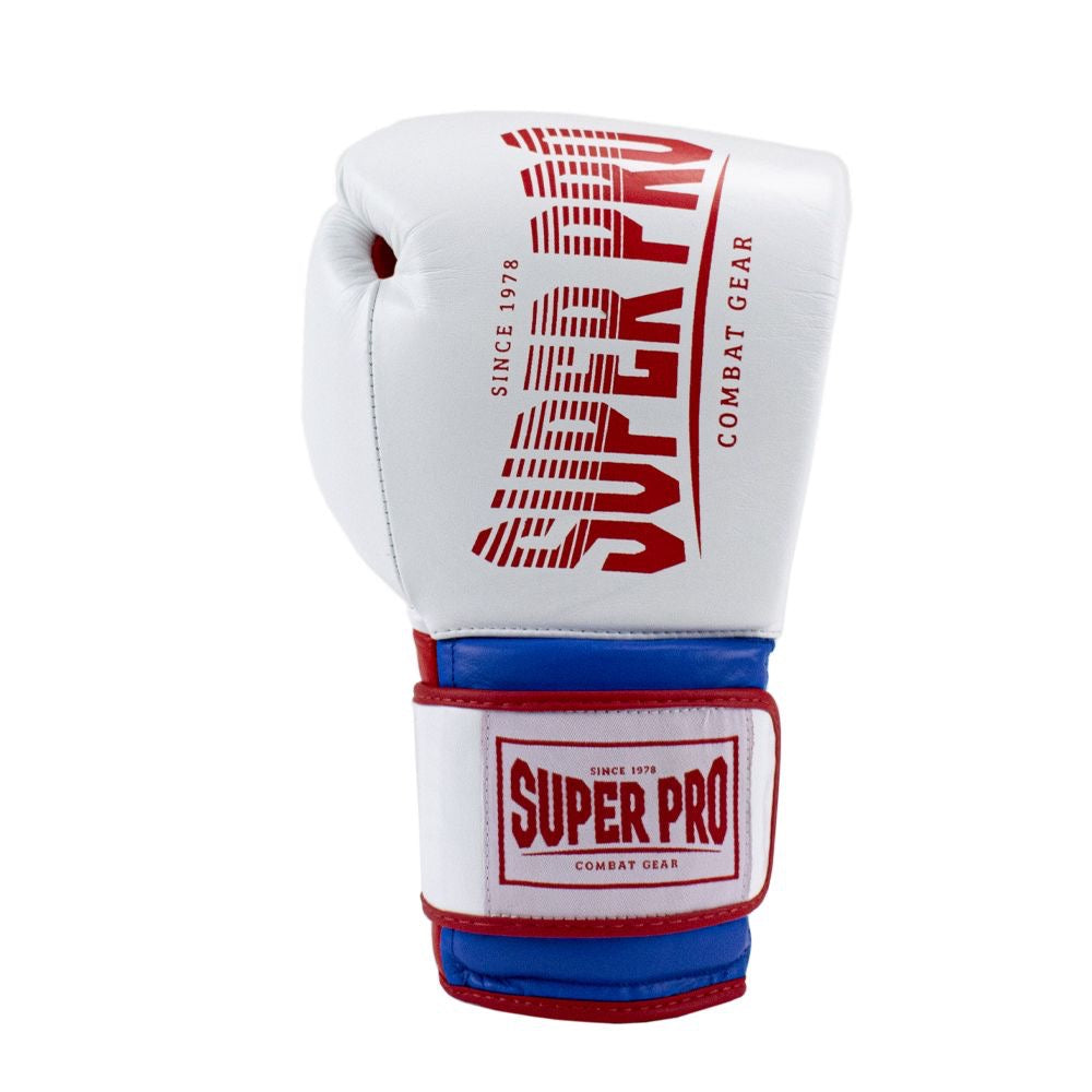 SUPER PRO COMBAT GEAR LEATHER THAI GLOVES STRIPES, ROOD - BLAUW - WIT