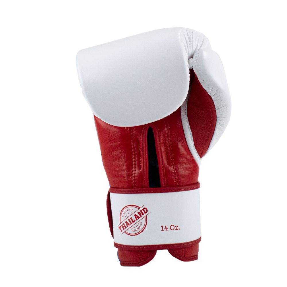 SUPER PRO COMBAT GEAR LEATHER THAI GLOVES STRIPES, ROOD - BLAUW - WIT