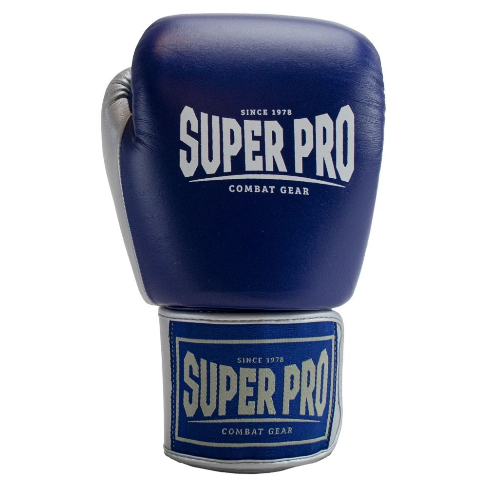 SUPER PRO COMBAT GEAR LEDEREN (THAI)BOKSHANDSCHOENEN ENFORCER , BLAUW - WIT - ZILVER