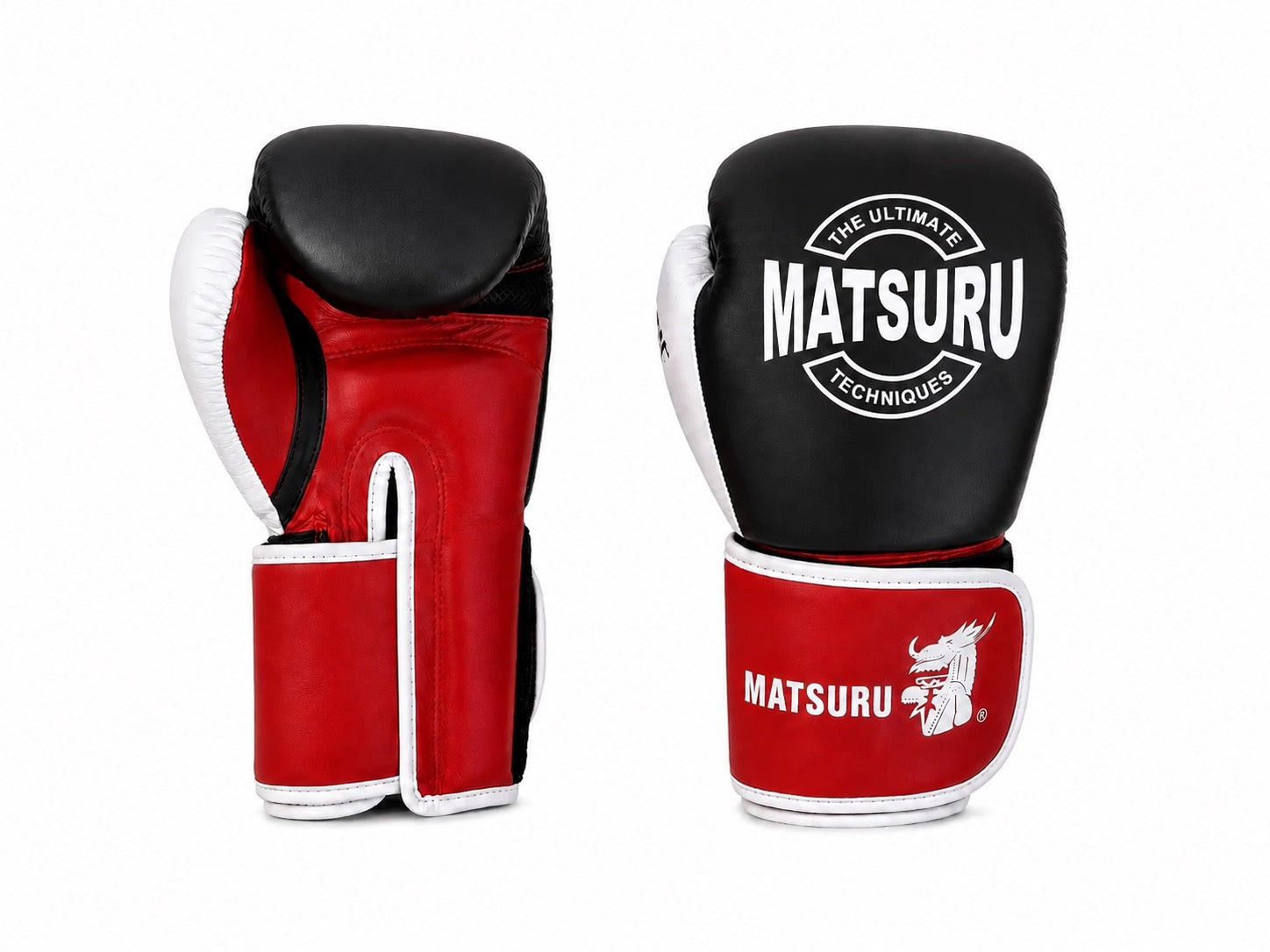Matsuru kickbokshandschoenen van leer in de kleuren zwart, rood en wit