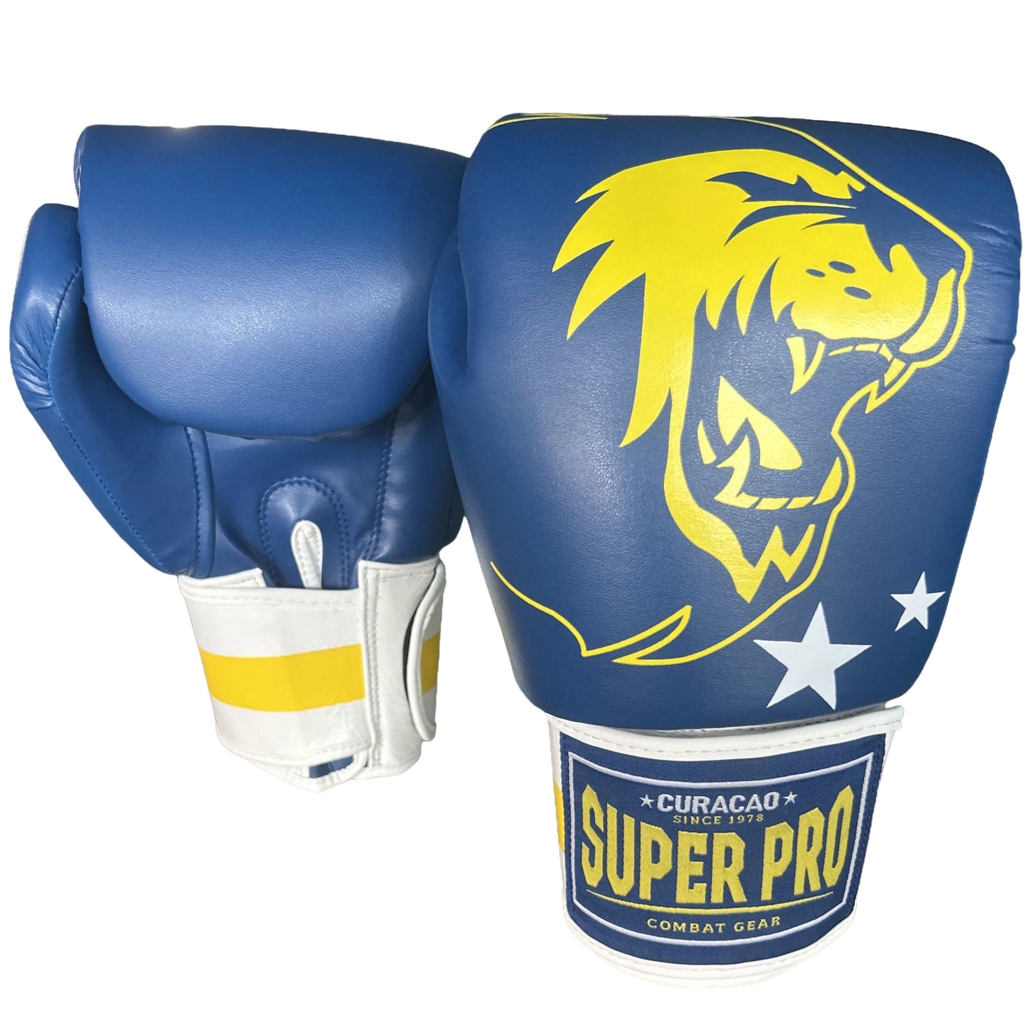  Super Pro Nations Curaçao Leren Kickbokshandschoenen - Blauw/Geel/Wit